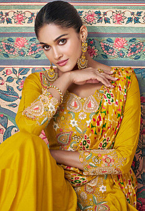 Embroidered Art Silk Gown with attached Dupatta in Mustard