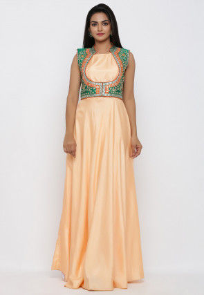 Embroidered Art Silk Gown with Jacket in Peach