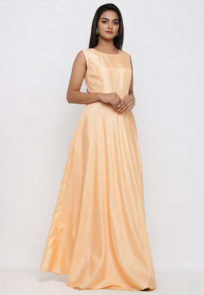 Embroidered Art Silk Gown with Jacket in Peach