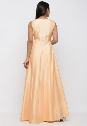 Embroidered Art Silk Gown with Jacket in Peach