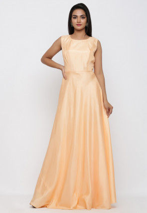 Embroidered Art Silk Gown with Jacket in Peach