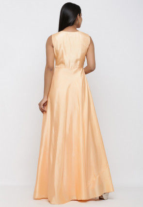 Embroidered Art Silk Gown with Jacket in Peach