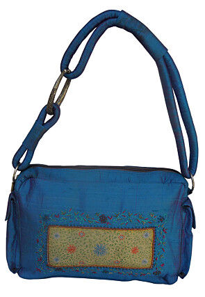 Embroidered Art Silk Hand Bag in Blue