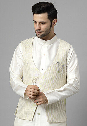 Embroidered Art Silk Jacket in Off White
