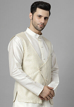 Embroidered Art Silk Jacket in Off White