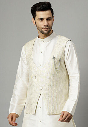 Embroidered Art Silk Jacket in Off White