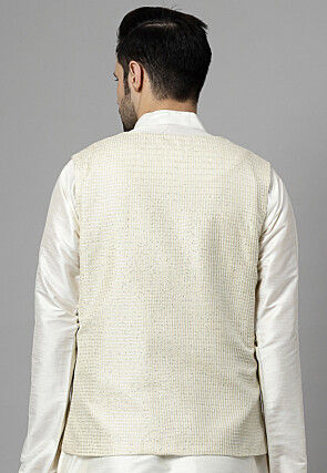 Embroidered Art Silk Jacket in Off White