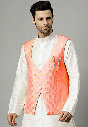 Embroidered Art Silk Jacket in Peach