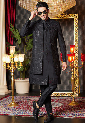 Embroidered Art Silk Jacket Style Sherwani in Black