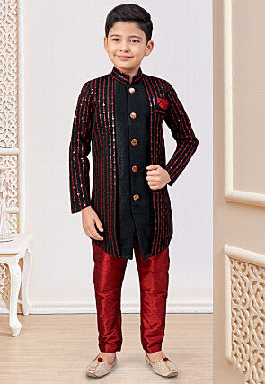 Embroidered Art Silk Jacket Style Sherwani in Black