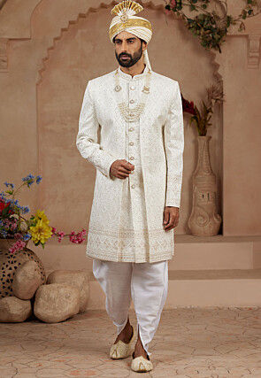 Embroidered Art Silk Jacket Style Sherwani in Cream