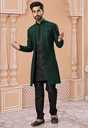 embroidered art silk jacket style sherwani in green and black v1