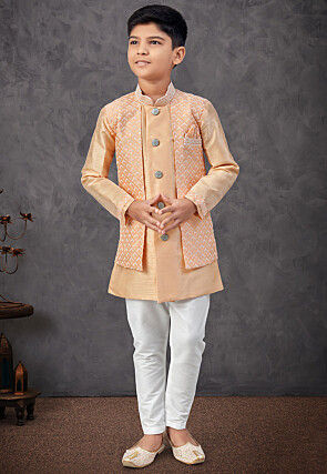 Embroidered Art Silk Jacket Style Sherwani in Light Orange