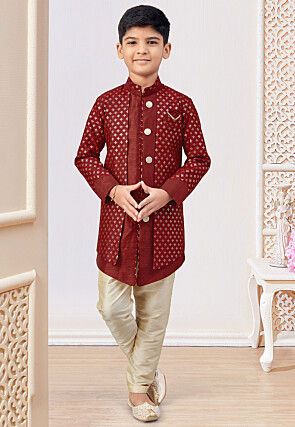 Embroidered Art Silk Jacket Style Sherwani in Maroon