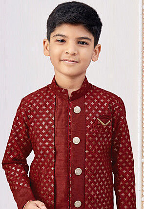 Embroidered Art Silk Jacket Style Sherwani in Maroon