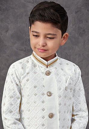 Embroidered Art Silk Jacket Style Sherwani in Off White