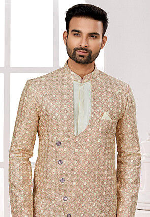 Embroidered Art Silk Jacket Style Sherwani in Peach
