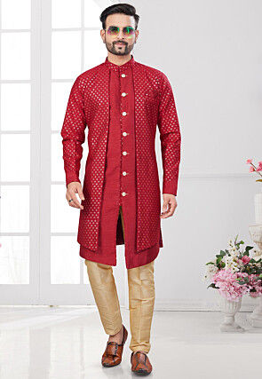 Embroidered Art Silk Jacket Style Sherwani in Red