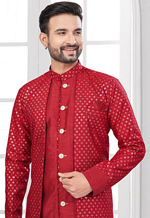 Embroidered Art Silk Jacket Style Sherwani in Red