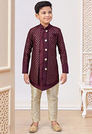 Embroidered Art Silk Jacket Style Sherwani in Wine