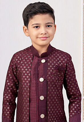 Embroidered Art Silk Jacket Style Sherwani in Wine