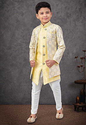 Embroidered Art Silk Jacket Style Sherwani in Yellow and Cream