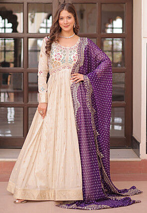 Embroidered Art Silk Jacquard Abaya Style Suit in Cream