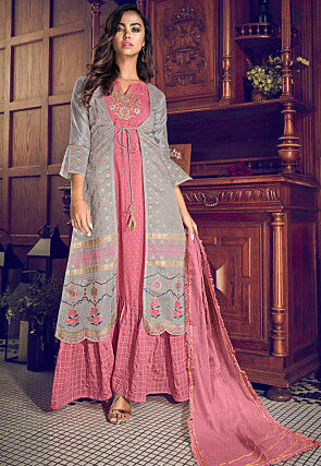 Embroidered Art Silk Jacquard Abaya Style Suit in Pink