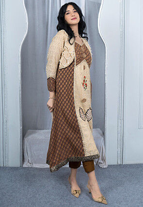 Embroidered Art Silk Jacquard Aline Kurta in Beige and Brown