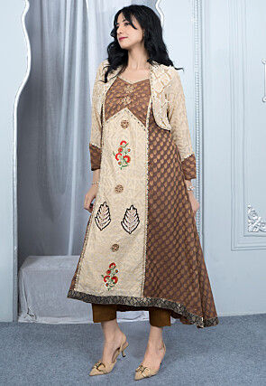 Embroidered Art Silk Jacquard Aline Kurta in Beige and Brown