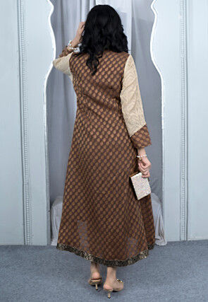 Embroidered Art Silk Jacquard Aline Kurta in Beige and Brown