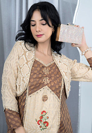 Embroidered Art Silk Jacquard Aline Kurta in Beige and Brown