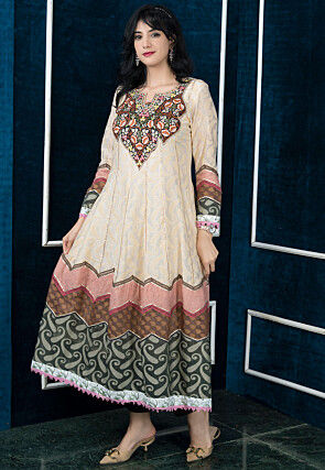 Embroidered Art Silk Jacquard Anarkali Kurta in Beige