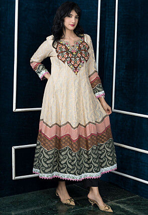 Embroidered Art Silk Jacquard Anarkali Kurta in Beige
