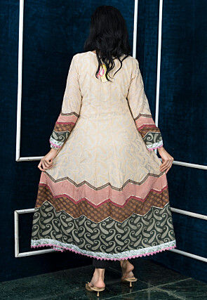 Embroidered Art Silk Jacquard Anarkali Kurta in Beige