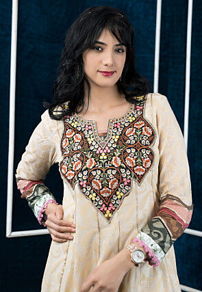 Embroidered Art Silk Jacquard Anarkali Kurta in Beige