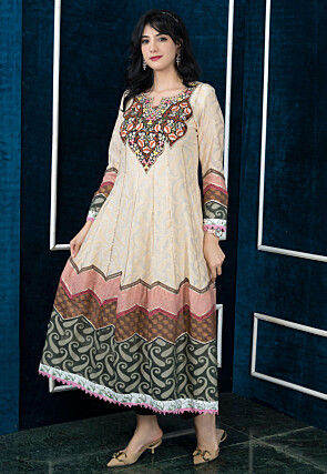 Embroidered Art Silk Jacquard Anarkali Kurta Set in Beige