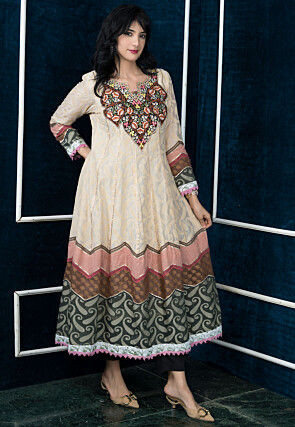 Embroidered Art Silk Jacquard Anarkali Kurta Set in Beige