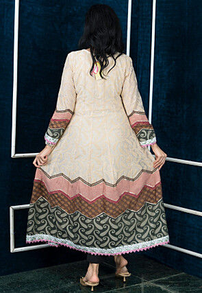 Embroidered Art Silk Jacquard Anarkali Kurta Set in Beige