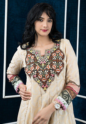 Embroidered Art Silk Jacquard Anarkali Kurta Set in Beige