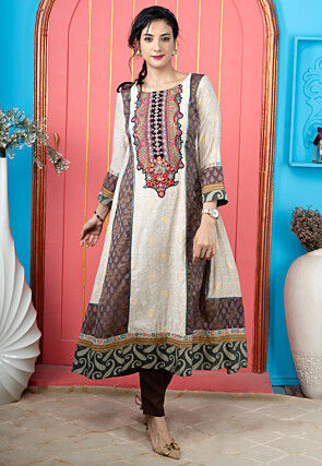 Embroidered Art Silk Jacquard Anarkali Kurta Set in Beige