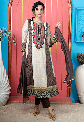Embroidered Art Silk Jacquard Anarkali Suit in Beige