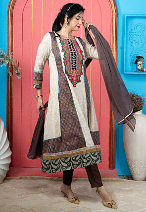 Embroidered Art Silk Jacquard Anarkali Suit in Beige