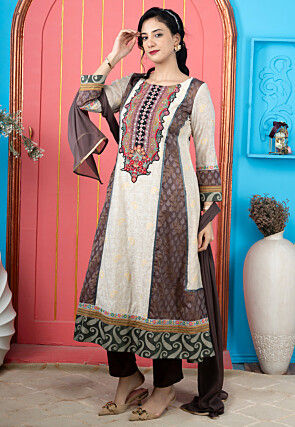 Embroidered Art Silk Jacquard Anarkali Suit in Beige