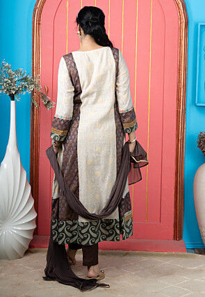 Embroidered Art Silk Jacquard Anarkali Suit in Beige