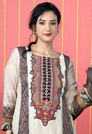 Embroidered Art Silk Jacquard Anarkali Suit in Beige