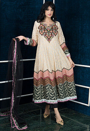 Embroidered Art Silk Jacquard Anarkali Suit in Beige