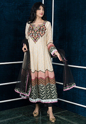 Embroidered Art Silk Jacquard Anarkali Suit in Beige