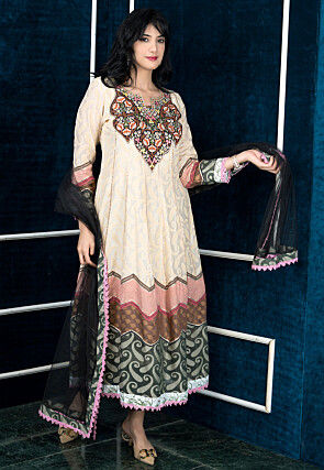 Embroidered Art Silk Jacquard Anarkali Suit in Beige