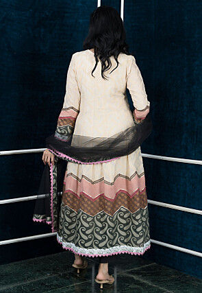 Embroidered Art Silk Jacquard Anarkali Suit in Beige